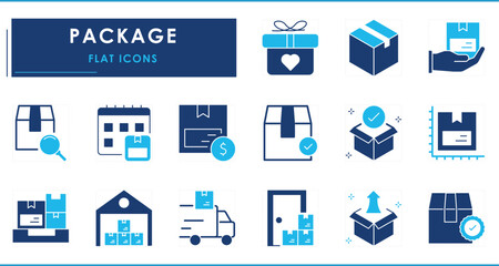 A set of flat icons related to Packages. Package, gift, delivery, verified, goods, money, warehouse, and so on.