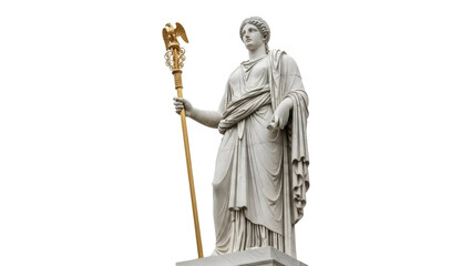 Obraz premium Statue of a woman holding a scepter with an eagle isolated PNG, ancient Greek sculpture on transparent background, classical art