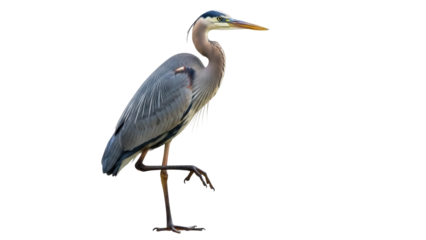 Elegant great blue heron standing isolated PNG on transparent background, majestic bird with gray and blue plumage for design projects