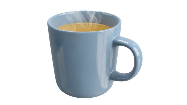 Light blue mug with hot drink isolated PNG, steaming beverage in cup for breakfast or coffee break on transparent background - Powered by Adobe