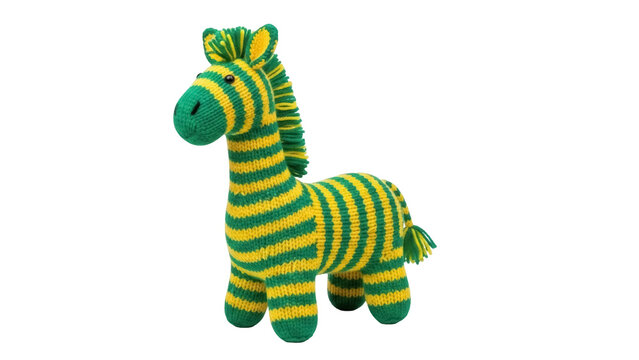Striped knitted zebra toy PNG isolated on transparent background, cute stuffed animal for kids and nursery decor, handmade craft