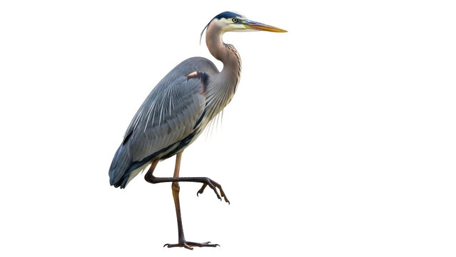 Elegant great blue heron standing isolated PNG on transparent background, majestic bird with gray and blue plumage for design projects