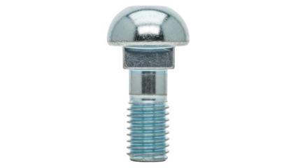 Carriage bolt isolated PNG on transparent background, silver metal fastener with rounded head and threaded shaft for construction and repair