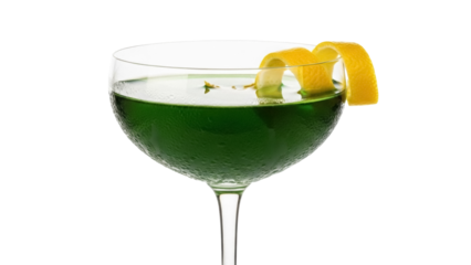 Elegant green cocktail in coupe glass isolated PNG, classic drink with lemon twist on transparent background