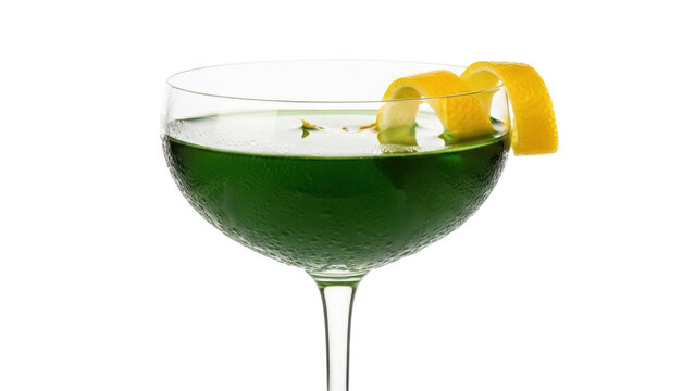 Elegant green cocktail in coupe glass isolated PNG, classic drink with lemon twist on transparent background