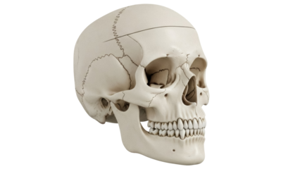 Human skull isolated PNG on transparent background, anatomical model for medical study and Halloween decoration, bone structure, cranium, teeth, skeleton