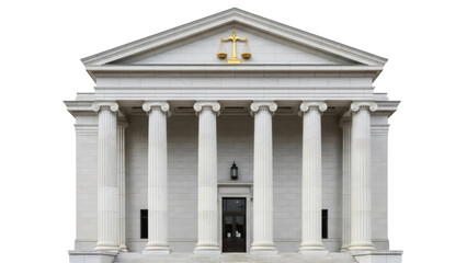 Classical courthouse building isolated PNG, government architecture with columns and scales of justice on transparent background