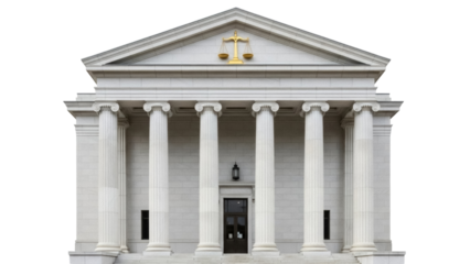 Classical courthouse building isolated PNG, government architecture with columns and scales of justice on transparent background