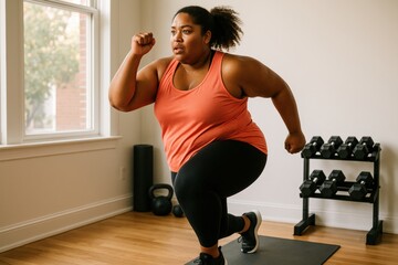 A woman performs a lunge exercise at home, wearing workout clothing. She is focused and determined, with fitness equipment nearby.