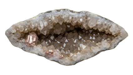 Quartz geode with pyrite crystals isolated PNG, natural mineral formation with sparkling texture on transparent background