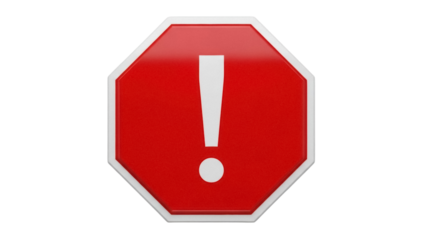 Red octagon with exclamation mark isolated PNG, warning sign for attention and caution on transparent background