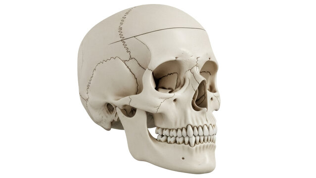 Human skull isolated PNG on transparent background, anatomical model for medical study and Halloween decoration, bone structure, cranium, teeth, skeleton