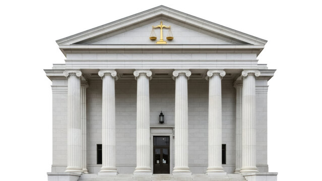 Classical courthouse building isolated PNG, government architecture with columns and scales of justice on transparent background