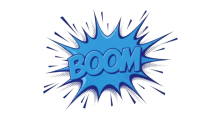 Blue comic speech bubble with BOOM text isolated PNG, cartoon explosion graphic on transparent background for design and creative projects