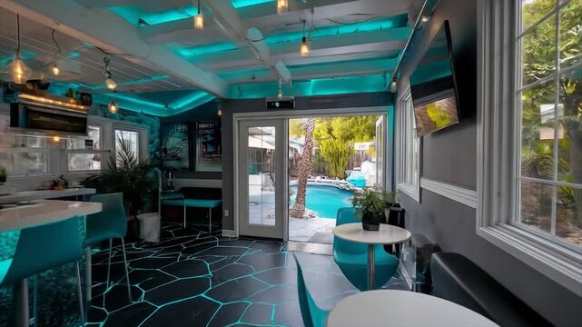Interior with illuminated bar and pool view provides a bright modern setting