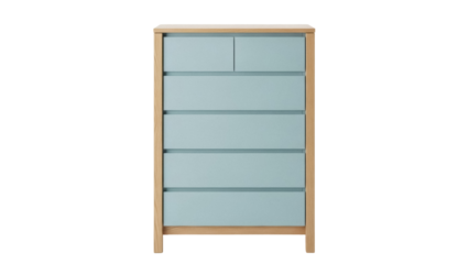 Light blue wooden chest of drawers isolated PNG, modern furniture with six drawers for bedroom or living room on transparent background