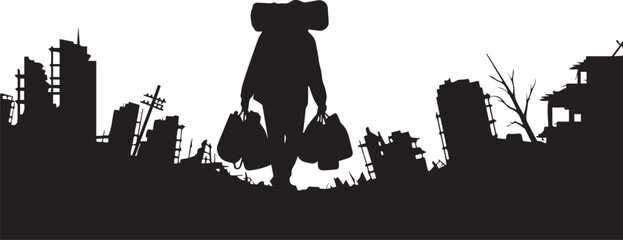 Obraz premium Silhouette of Survivor Walking Through Ruined City After Apocalypse