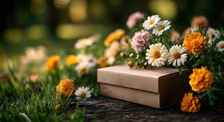 Fototapeta premium Brown carton box on grass with colorful flowers and green leaves, bright summer sun in background. Nature product packaging concept.
