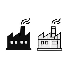Obraz premium Icon Digital Twin: Two identical factory icons, one physical (solid), one digital (wireframe).