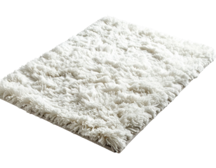 Fluffy white rectangular rug, isolated on a transparent background