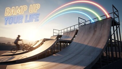 Skateboarder riding ramp with rainbow effect.