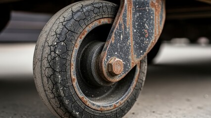 Close-up of a worn and cracked industrial caster wheel on a rough surface.