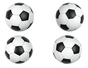 Four soccer balls in a 2x2 grid, black and white pattern on black background