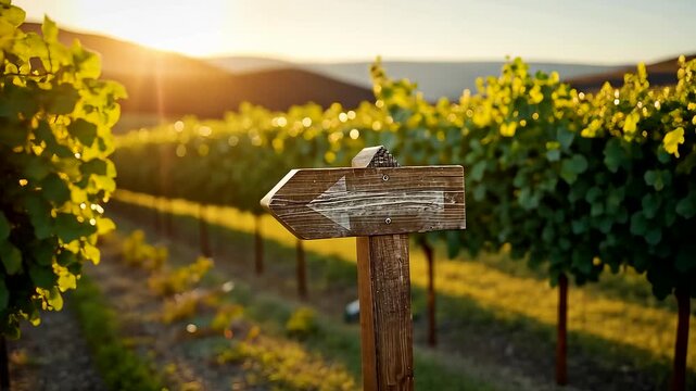 Wooden vineyard sign pointing direction along rows of green grapevines at golden sunset warm sunlight