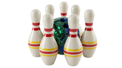 Bowling ball and pins PNG isolated on transparent background, colorful game equipment for sports and recreation