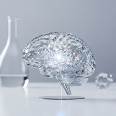 Futuristic transparent glass human brain model with glowing neural network connections on laboratory table