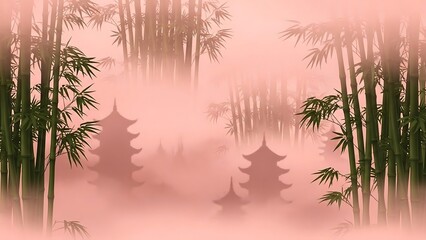 Serene Asian temple in misty bamboo forest.