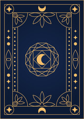 Mystical tarot card back design with golden celestial symbols, crescent moon, crystal, lotus flowers and geometric pattern on navy blue background. Esoteric art. Editable vector illustration.