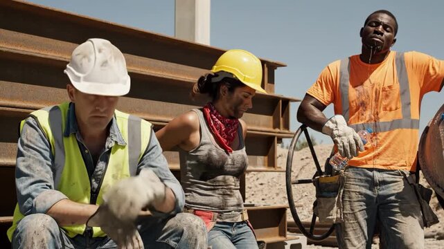 Construction workers taking a rest break on a hot day