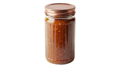 Jar of homemade sweet chili sauce isolated PNG, spicy condiment with visible chili flakes on transparent background for food photography