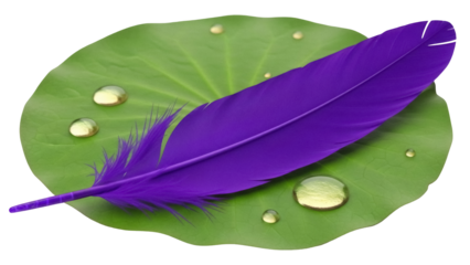 Vibrant purple feather on green leaf with water droplets isolated PNG, nature-inspired design element for creative projects