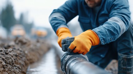 Skilled male worker in blue uniform and orange gloves is repairing a pipe in a trench, surrounded by construction equipment and muddy terrain, showcasing dedication to plumbing work
