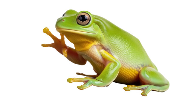 Green tree frog isolated PNG on transparent background, amphibian with smooth skin and large eyes for wildlife and nature designs