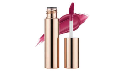 Elegant rose gold lip gloss with applicator isolated PNG, beauty product for makeup and cosmetics on transparent background