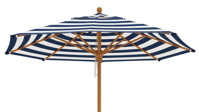 Navy and white striped patio umbrella isolated PNG on transparent background, outdoor shade parasol for summer garden furniture