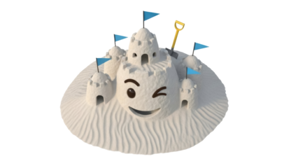 Whimsical sandcastle with smiley face isolated PNG, playful beach architecture with flags and shovel on transparent background
