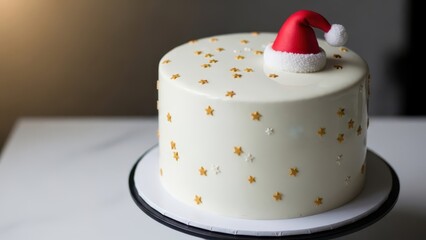 Playful white Christmas cake with smooth frosting, scattered golden star sprinkles and a fluffy red Santa hat topper, cheerful festive dessert centerpiece perfect for family holiday parties and winter