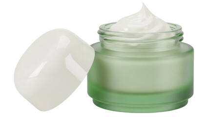 Green jar of face cream PNG isolated on transparent background, skincare product for beauty and personal care, cosmetic moisturizer
