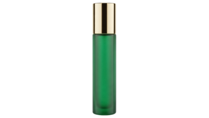 Green frosted glass roll-on bottle with gold cap isolated PNG, essential oil container for aromatherapy and cosmetic product packaging