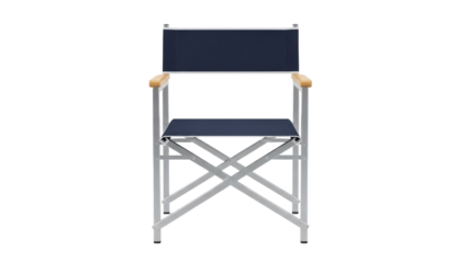 Navy blue director s chair isolated PNG, folding chair with wooden armrests on transparent background for film and stage sets