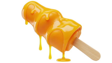 Delicious orange popsicle with dripping glaze isolated PNG, sweet summer treat for dessert and confectionery designs on transparent background