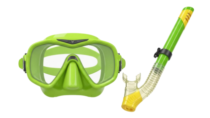 Green diving mask and snorkel isolated PNG, snorkeling gear for underwater exploration and recreational water sports on transparent background