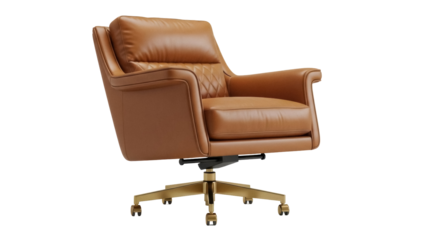 Elegant brown leather swivel chair isolated PNG, modern office furniture with golden base for executive workspace and home decor