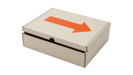 Beige cardboard box with orange arrow isolated PNG, packaging container for shipping and storage with direction sign on transparent background