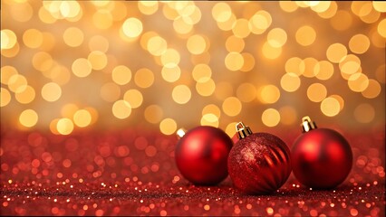 Three red christmas ornaments on sparkling background