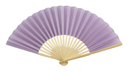 Open light purple hand fan isolated PNG on transparent background, traditional oriental folding fan for decoration and summer use
